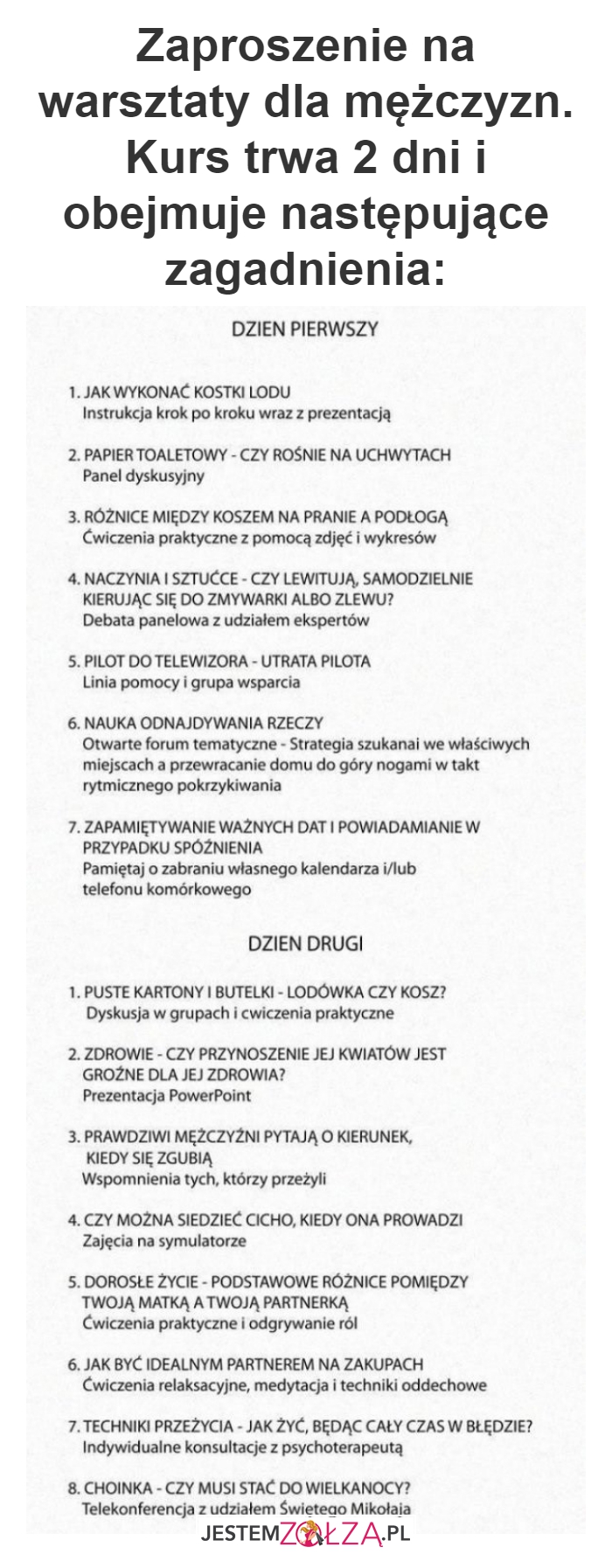 Zaproszenie na warsztaty dla mężczyzn. Kurs trwa 2 dni i obejmuje następujące zagadnienia: