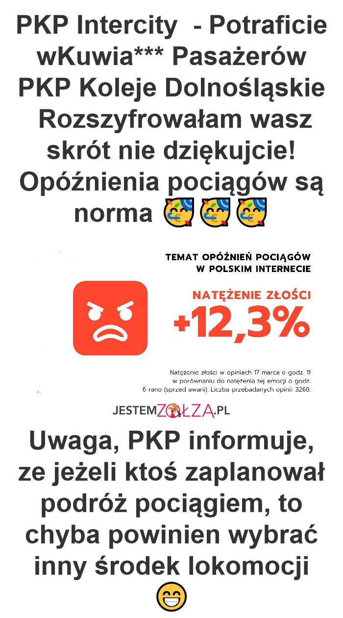 pociągów wywołały wzrost natężenia złości w komentarzach internautów o 12,3%  